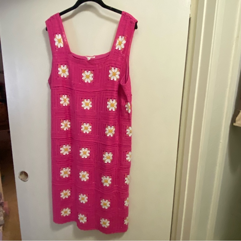 Kings Road Womens Midi Tank Dress XL Pink Crochet Crocheted Daisies Floral NWT